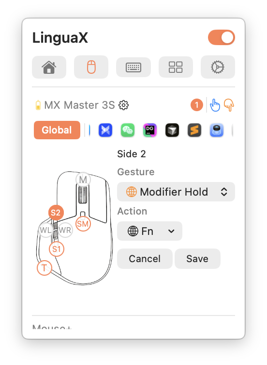 LinguaX Mouse+ side-button binding: Gesture = Modifier Hold, Action = Fn — pair this with macOS System Settings > Keyboard > Dictation set to hold Fn / Globe
